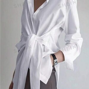 SHEIN Essnce Plus Size Solid Color Long Sleeve Shirt With Tie Waist